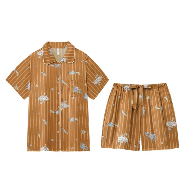 好福份 翻领短袖卡通小狗高级感宽松三分裤家居服睡衣套装 男女同款 图片色