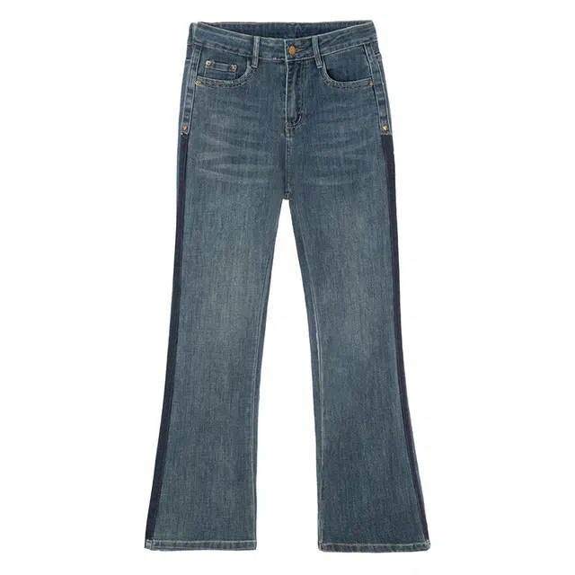 法文箱子 纯色拉链高腰舒适牛仔裤 女款 蓝色