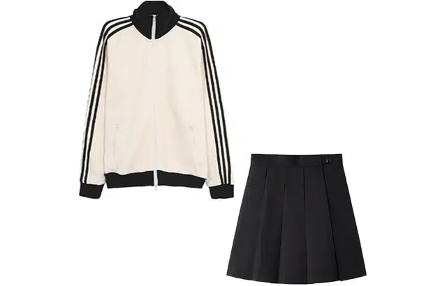 冰淇淋与鲸 美式学院风拼色条纹织带立领落肩拉链卫衣纯色高腰百褶短裙卫衣套装 女款