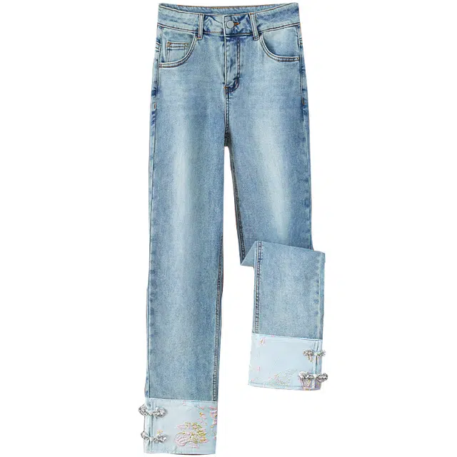 她池 复古风刺绣盘扣水洗牛仔裤 女款 浅蓝色