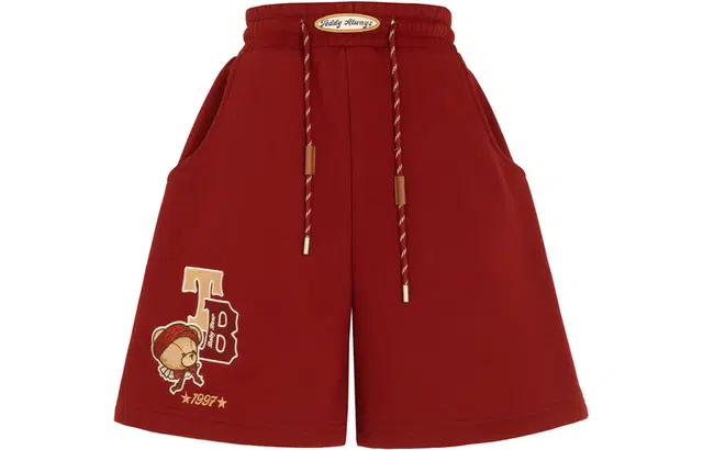 森女部落 原创复古小熊短裤搭配秋季加绒运动风休闲裤 女款 红色