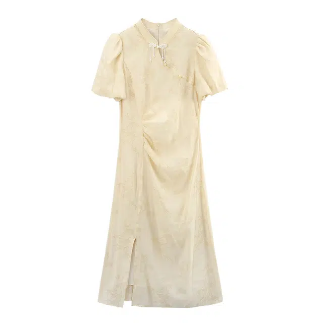 苏醒的乐园 通勤纯色立领中国风修身长款短袖连衣裙 女款 米色