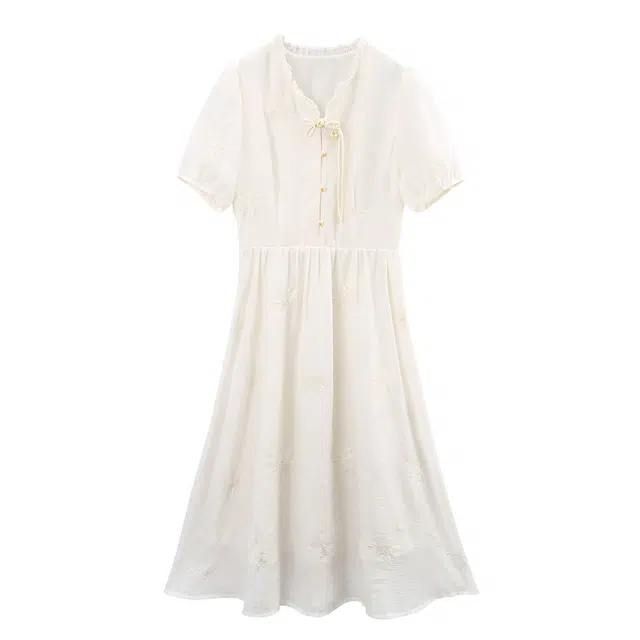 苏醒的乐园 纯色中长款修身短袖连衣裙 女款 米色