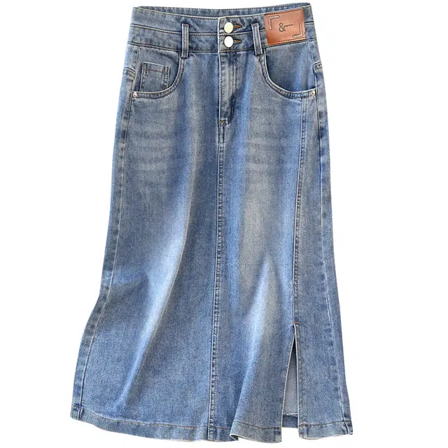 她池 纯色高腰简约牛仔长裙 女款 浅蓝色