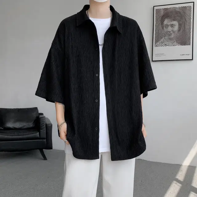 稻草人 美式复古简约基础款宽松美少年感无性别高街潮流宽松落肩领翻领休闲百搭开衫纽扣短袖衬衫 男女同款