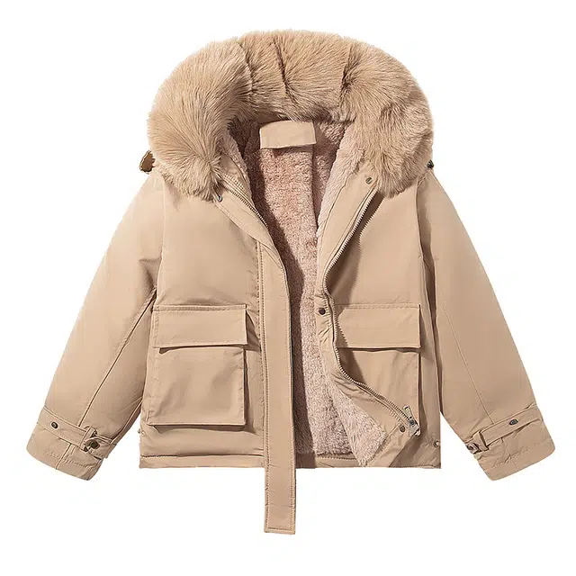 红蜻蜓 加绒翻领毛领保暖短款长袖棉服 男女同款