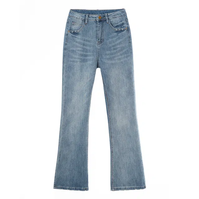 法文箱子 纯色高腰简约舒适牛仔裤 女款 蓝色
