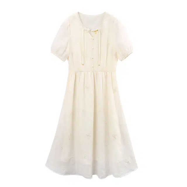 苏醒的乐园 纯色中国风圆领中长款修身休闲短袖连衣裙 女款 米色