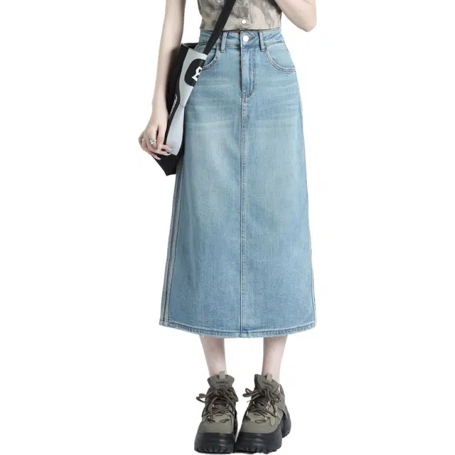 玫丝朵 时尚百搭高腰显瘦后开叉牛仔长裙 女款 奶油浅蓝