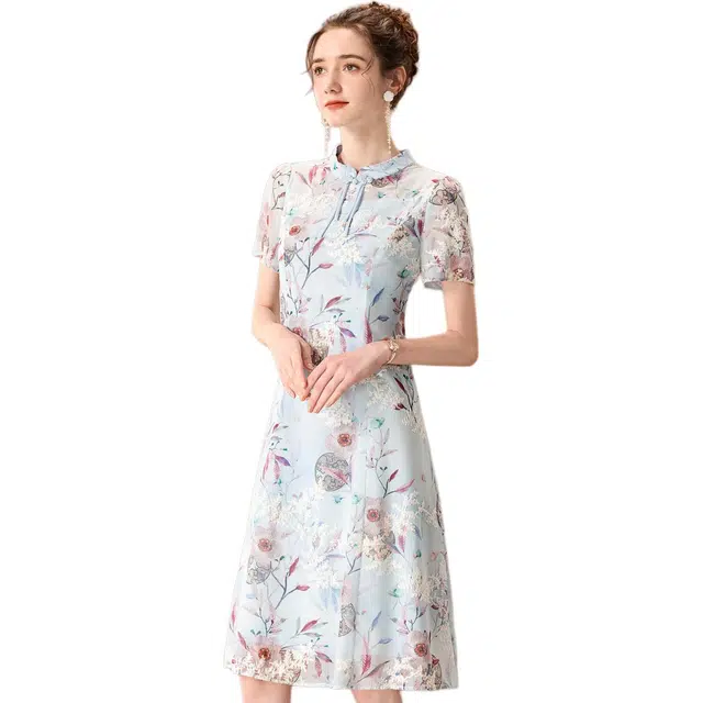 粉红玛琍 新中式立领拉链印花短袖连衣裙 女款 浅蓝