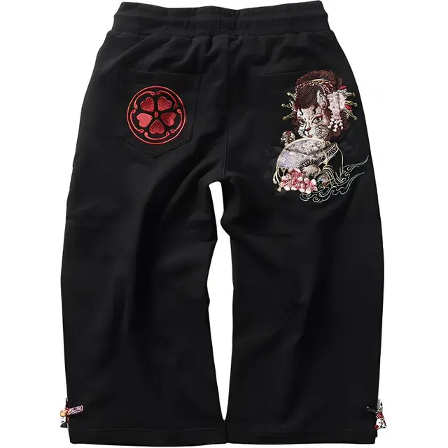 鬼洗 文字人物中腰系带阔腿七分休闲裤 女款 黑色