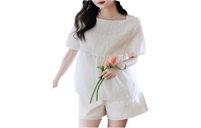 【dme】灯笼袖拼接短袖衬衫纯色中腰短裤衬衫套装 女款 米白