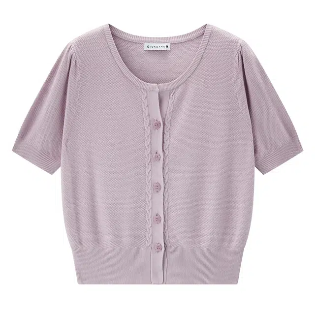 佐丹奴 绞花开襟圆领短款毛织短袖针织衫 女款