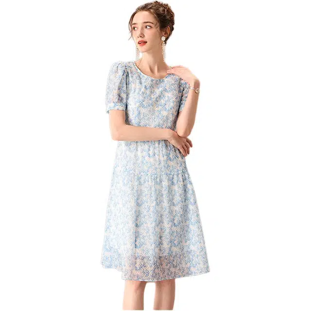 粉红玛琍 甜美圆领高腰轻薄中长款短袖连衣裙 女款 蓝色