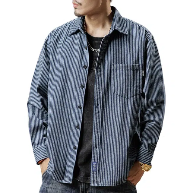 贵色 休闲百搭牛仔翻领帅气大码美式复古条纹潮流百搭叠穿蓝色长袖衬衫 男女同款