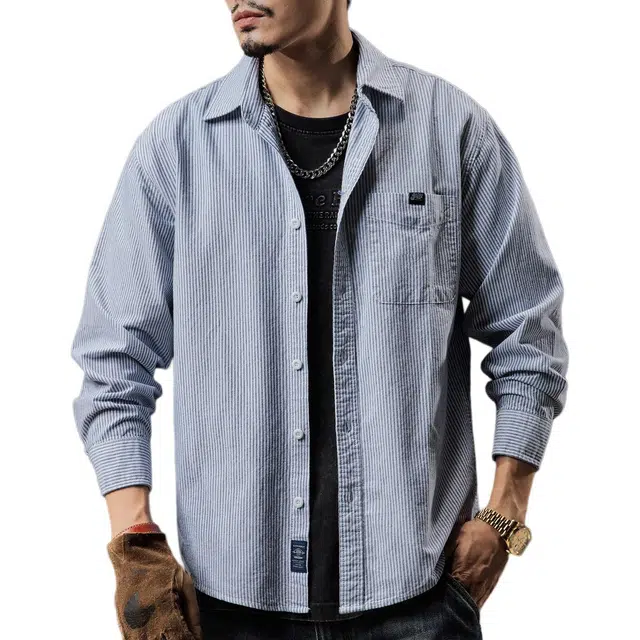 贵色 纯色潮流城市通勤日系简约时尚痞帅条纹长袖衬衫 男女同款