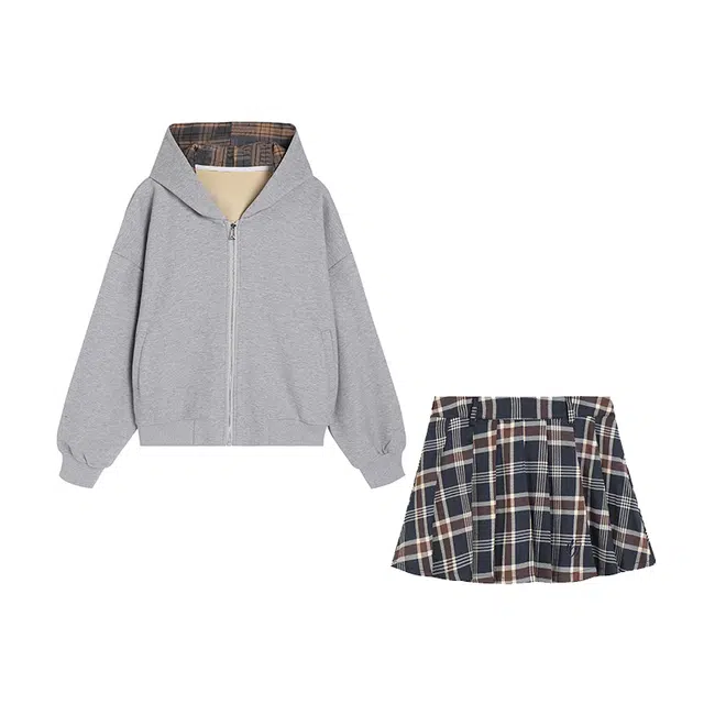 冰淇淋与鲸 美式复古纯色落肩宽松连帽拉链卫衣格纹百褶短裙卫衣套装 女款