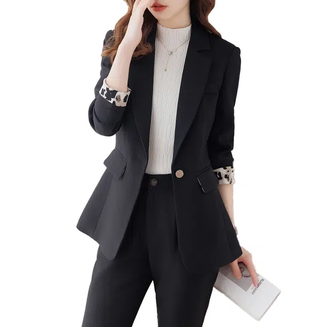 唐娜姿兰 纯色一粒扣外套商务休闲长裤两件套西装套装 女款