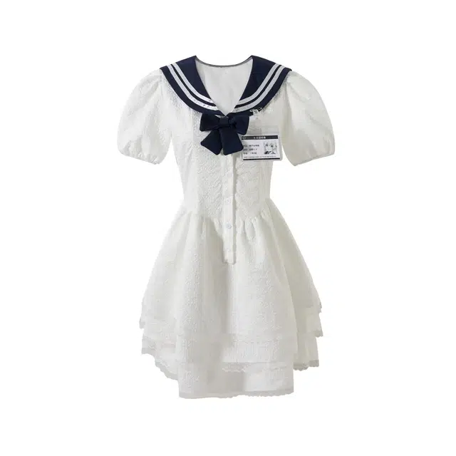 花山家的猫 海军领蝴蝶结收腰泡泡袖短袖连衣裙 女款 白色