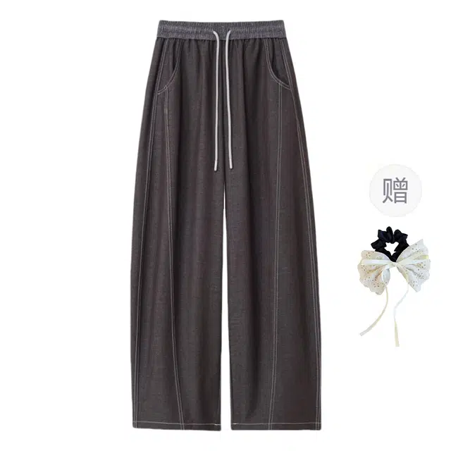 涂诗菲 撞色拼接牛仔弯刀裤高腰显瘦宽松抽绳直筒休闲裤 女款