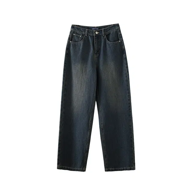 娅丽达 纯色阔腿自然腰拉链休闲牛仔裤 女款 蓝色