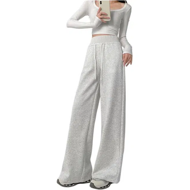 沐晓欣 美式灰色高腰优质版显瘦百搭阔腿拖地裤休闲裤 女款