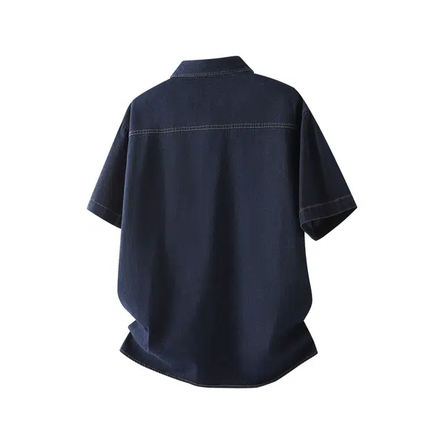 巴塞罗那足球俱乐部 美式宽松简约复古垂感翻领休闲高街校园风日常通勤穿搭经典牛仔短袖衬衫 男女同款