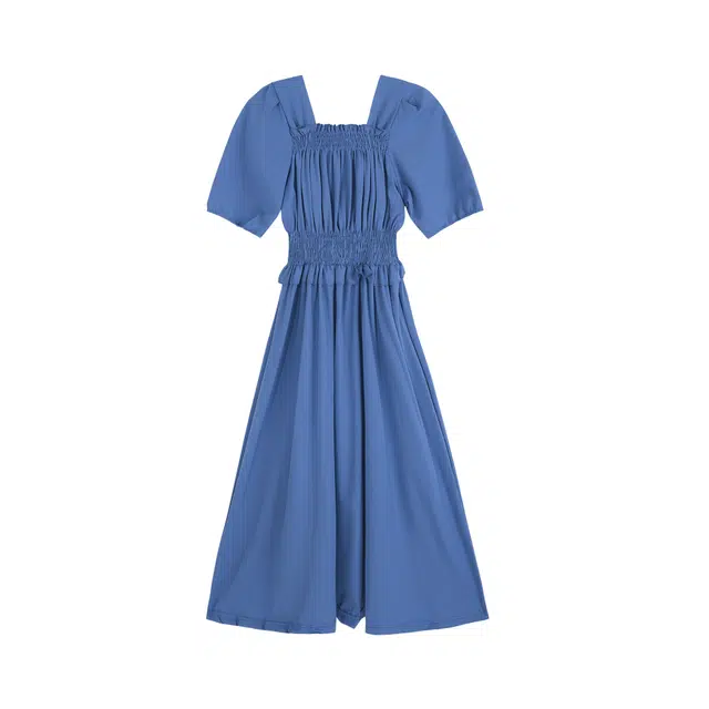 麓蔓蒂 法式甜美泡泡袖方领收腰显瘦显高仙女中长裙短袖连衣裙 女款