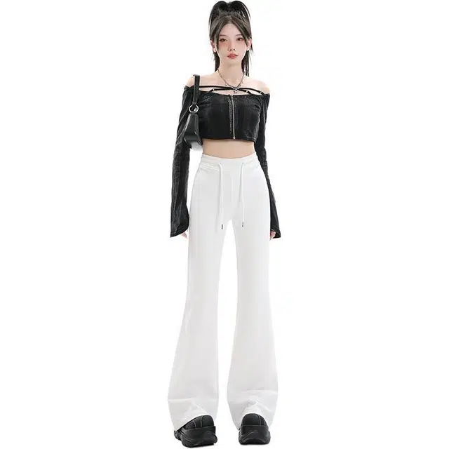 玫丝朵 纯色慵懒垂感拖地微喇休闲裤 女款 白色