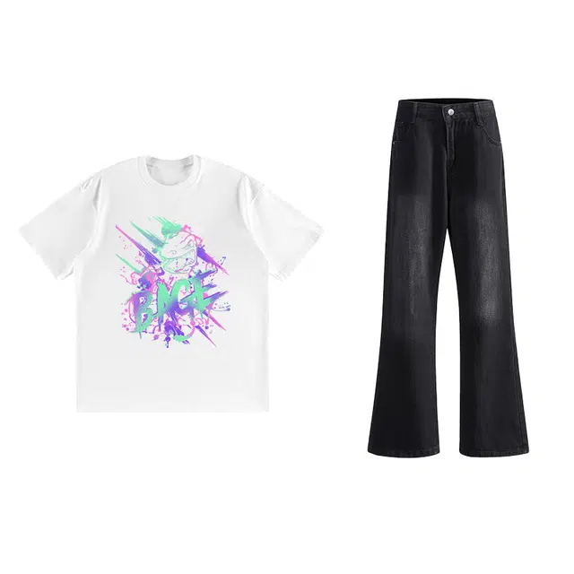 八哥 美式高街创意渐变字母简约基础款短袖水洗做旧百搭舒适牛仔裤休闲运动套装 男女同款