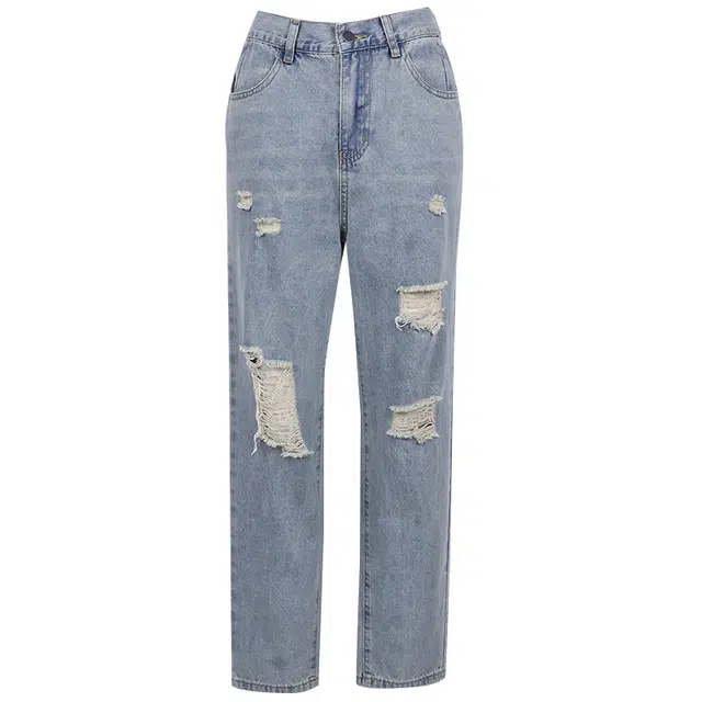 她池 破洞哈伦水洗高腰宽松牛仔裤 女款 浅蓝色