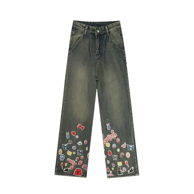 涂诗菲 美式复古卡通涂鸦高腰垂感宽松阔腿拖地牛仔裤 女款 蓝色