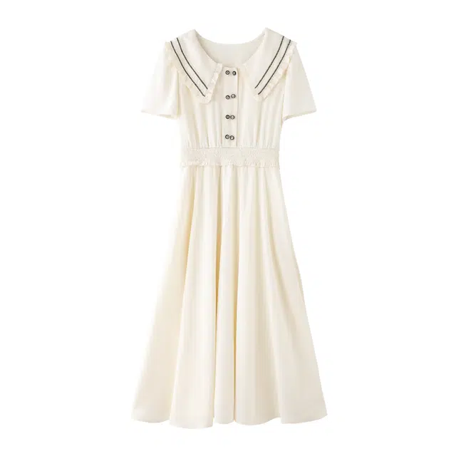花栗鼠小姐 澳白咖啡 简约气质通勤风大翻领木耳边俏皮撞色织带双排扣收腰伞型显瘦短袖连衣裙 女款 米色