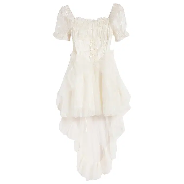 九条喵 纯色方领收腰不规则网纱泡泡袖短袖连衣裙 女款 白色