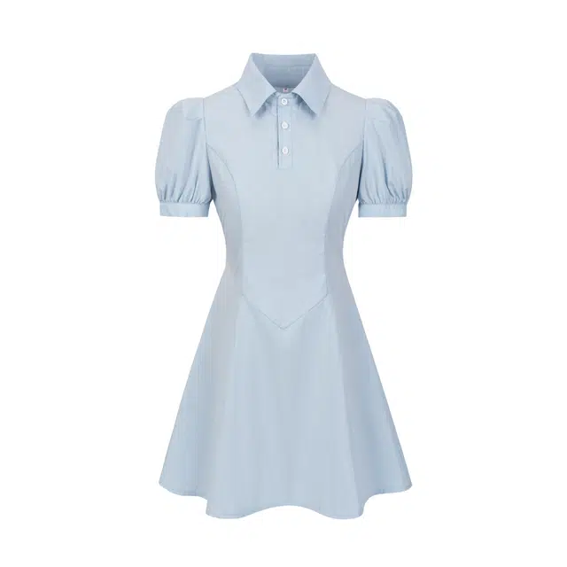 法式拼接衬衫领蝴蝶结短袖连衣裙 女款 蓝色