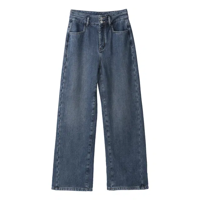 法儿家 过冬丹宁秋冬韩系加绒阔腿高腰牛仔裤 女款 蓝色