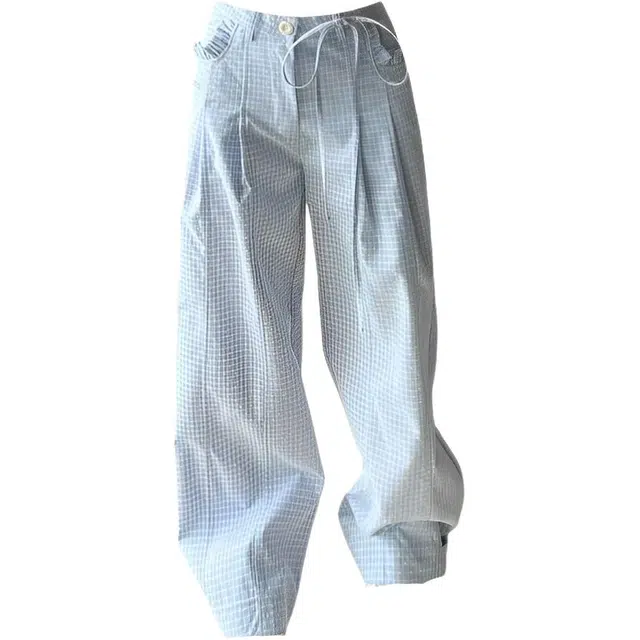 哒头下雨不愁 格子蕾丝边女夏季慵懒显瘦拖地长裤休闲裤 女款 浅蓝色