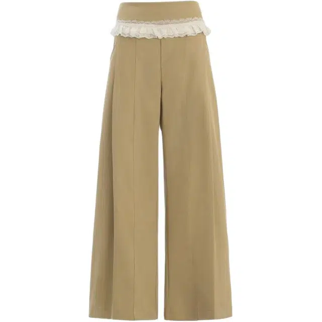 玫丝朵 美式复古蕾丝花边拼接设计时尚百搭宽松阔腿休闲裤 女款 卡其色