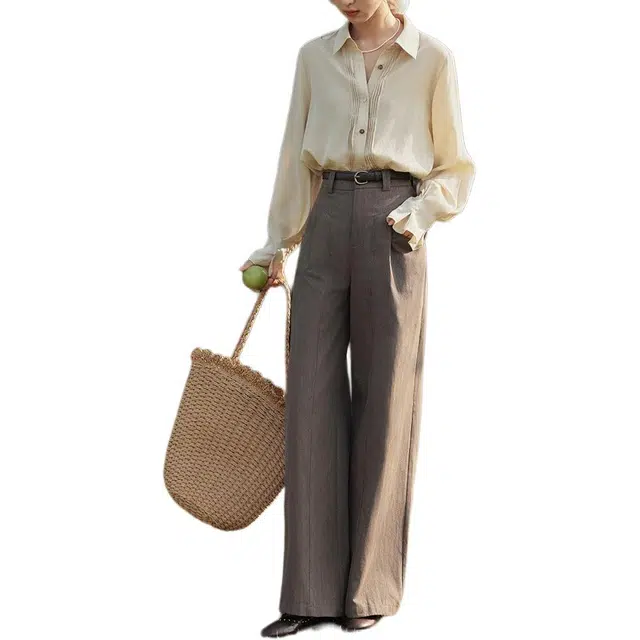 谜秀 直筒高腰显瘦弹力斜插垂感百搭时尚简约口袋百搭拖地休闲裤 女款