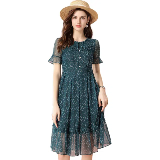 粉红玛琍 中长薄款爱心高腰荷叶袖短袖连衣裙 女款