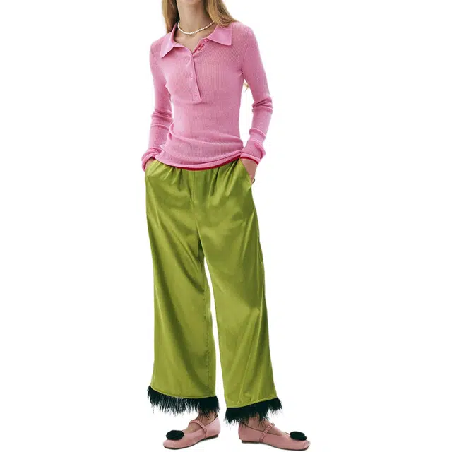 MARDI MERCREDI SS25 SATIN OSTRICH PANTS_APPLEGREEN