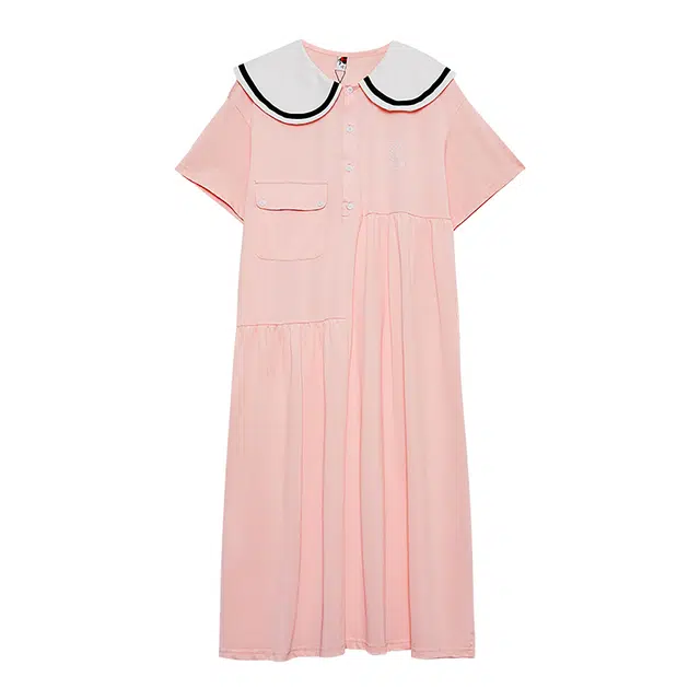 木果果木 学院风宽松娃娃领中长款短袖连衣裙 女款 粉色
