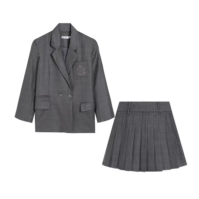 冰淇淋与鲸 英伦风休闲格子学院风西服短裙中裙西装套装 女款 灰色