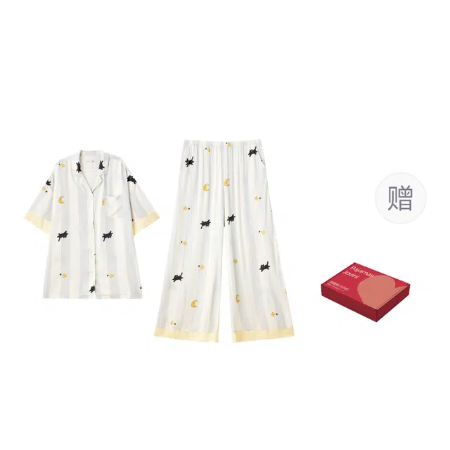 俏薇妮 简约时尚高级感家居服猫咪条纹凉感薄款短袖长裤舒适休闲可外穿睡衣套装 女款 礼盒装