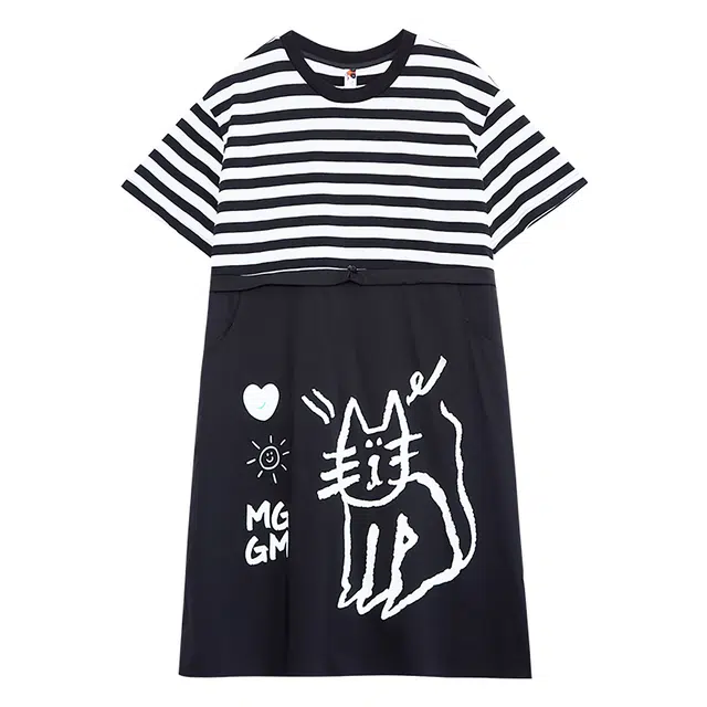 木果果木 休闲慵懒风圆领高腰短款短袖连衣裙 女款 黑白