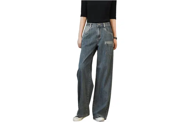 善己 纯色高腰直筒休闲牛仔裤 女款 蓝色