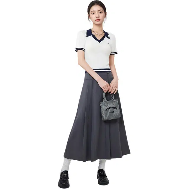 爱依服 学院风美式套头简约短袖针织衫 女款