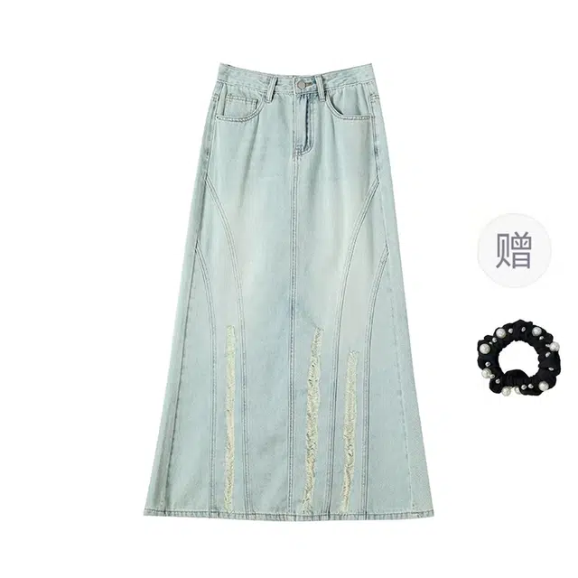 雾闪闪 美式破洞设计感高腰辣妹鱼尾牛仔长裙 女款