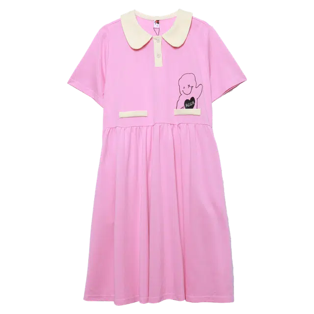 木果果木 可爱风小熊绣花翻领宽松中长裙短袖连衣裙 女款 粉色