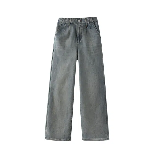 花栗鼠小姐 基础百搭纯色直筒保暖牛仔裤 女款 牛仔蓝